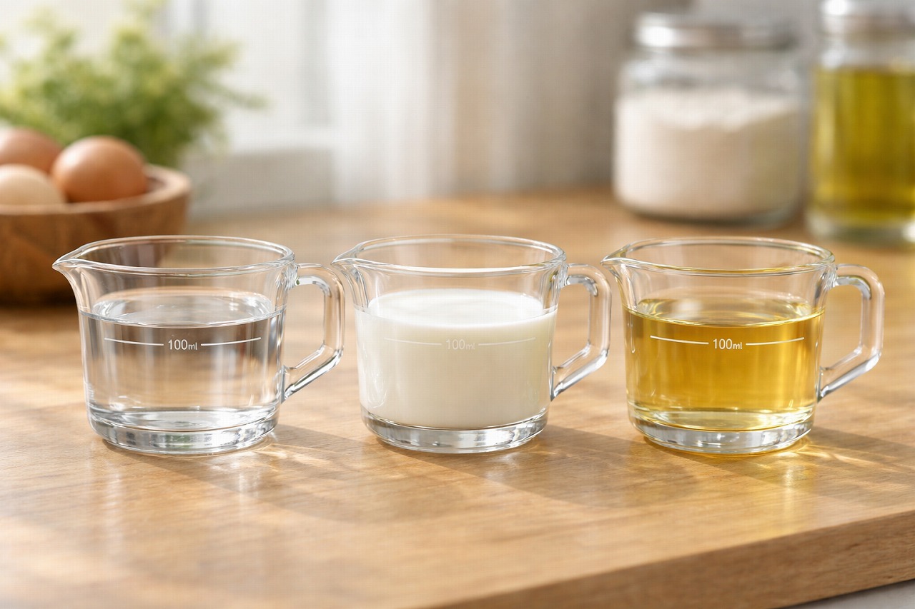 水・牛乳・油・小麦粉の100mlは何グラム？一覧で確認