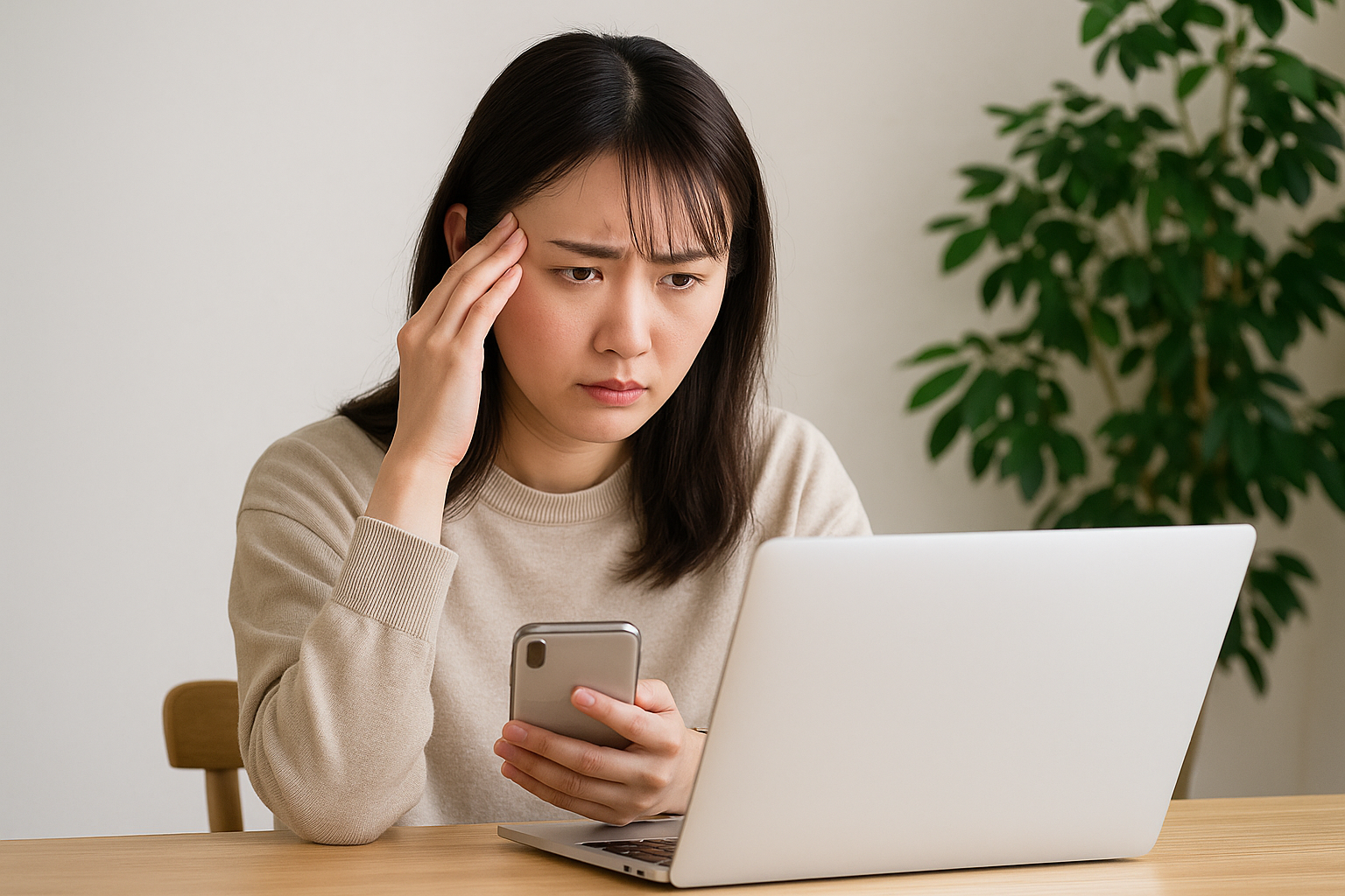 パソコンとスマホで悩む女性