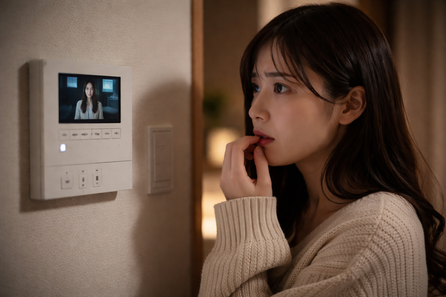 インターホンに女性