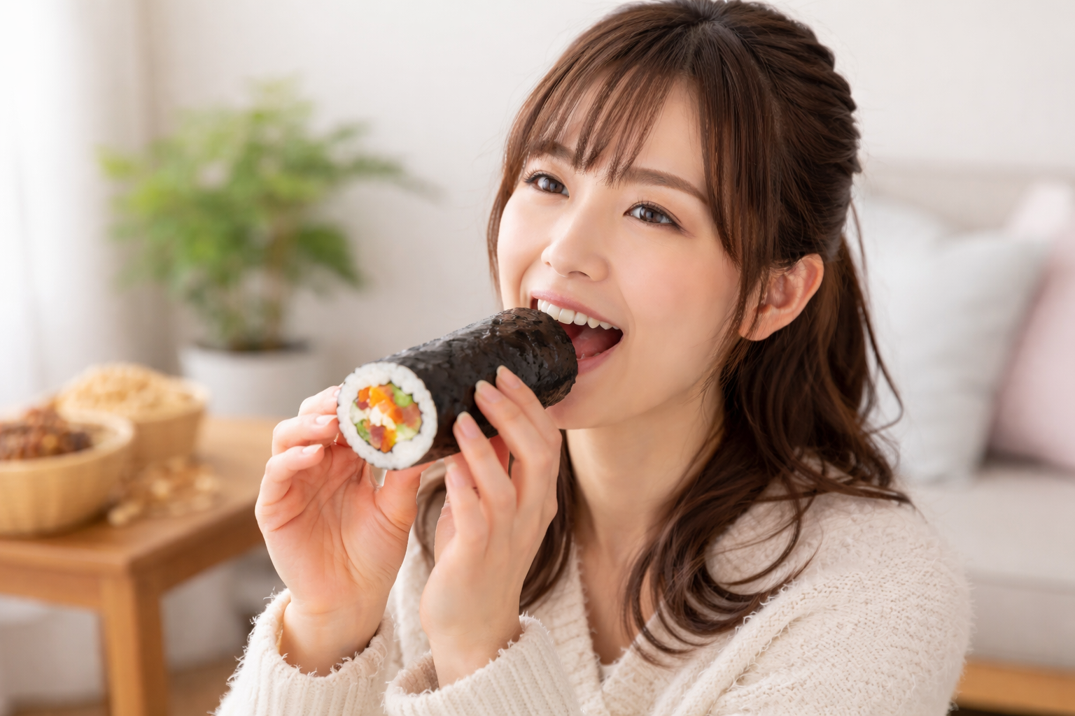 恵方巻を食べる女性