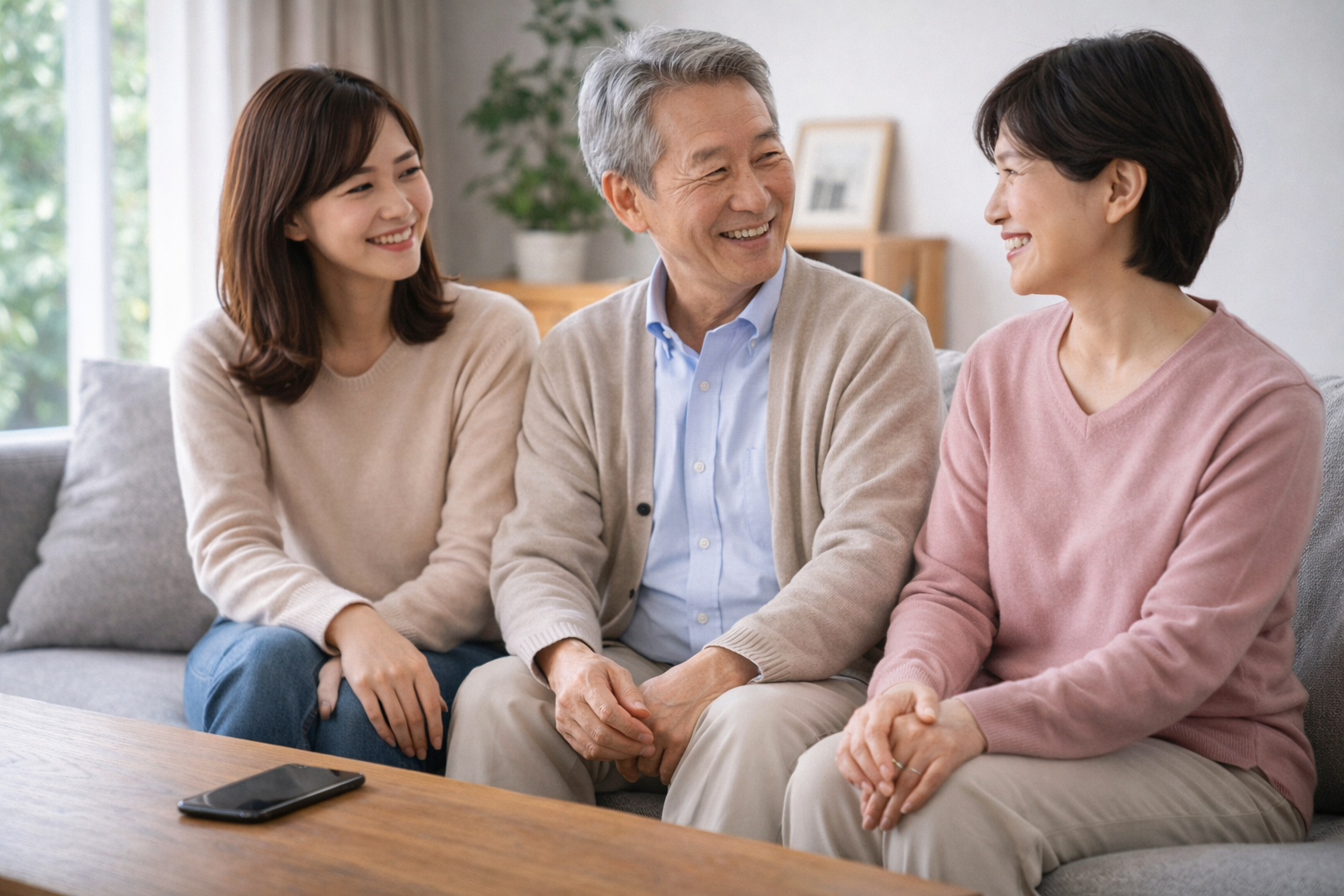 リビングで会話する家族