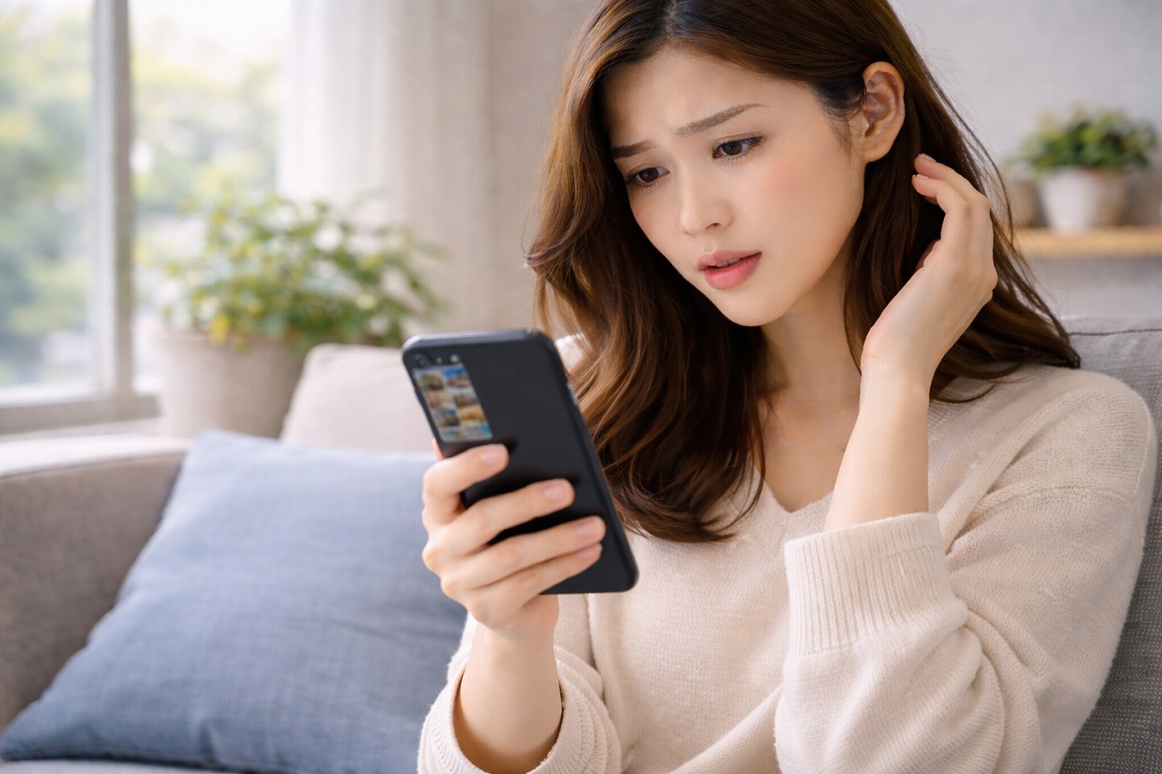 スマホを見て不安な女性